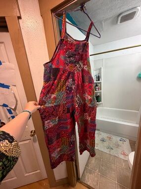 Colorful Patchwork Red Wide-Leg Jumpsuit